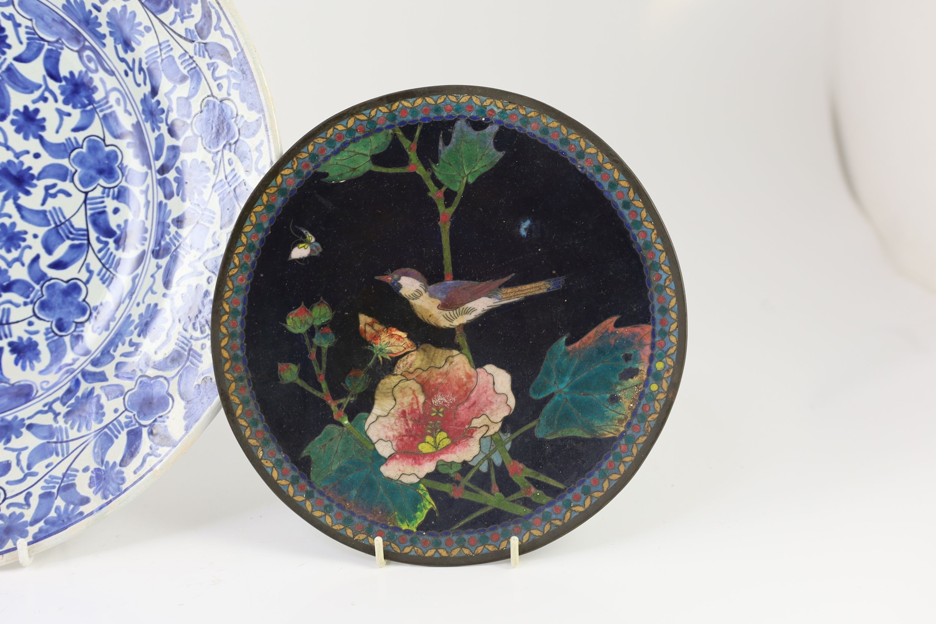 A Delft Roos factory blue and white dish and a Japanese cloisonné enamel dish